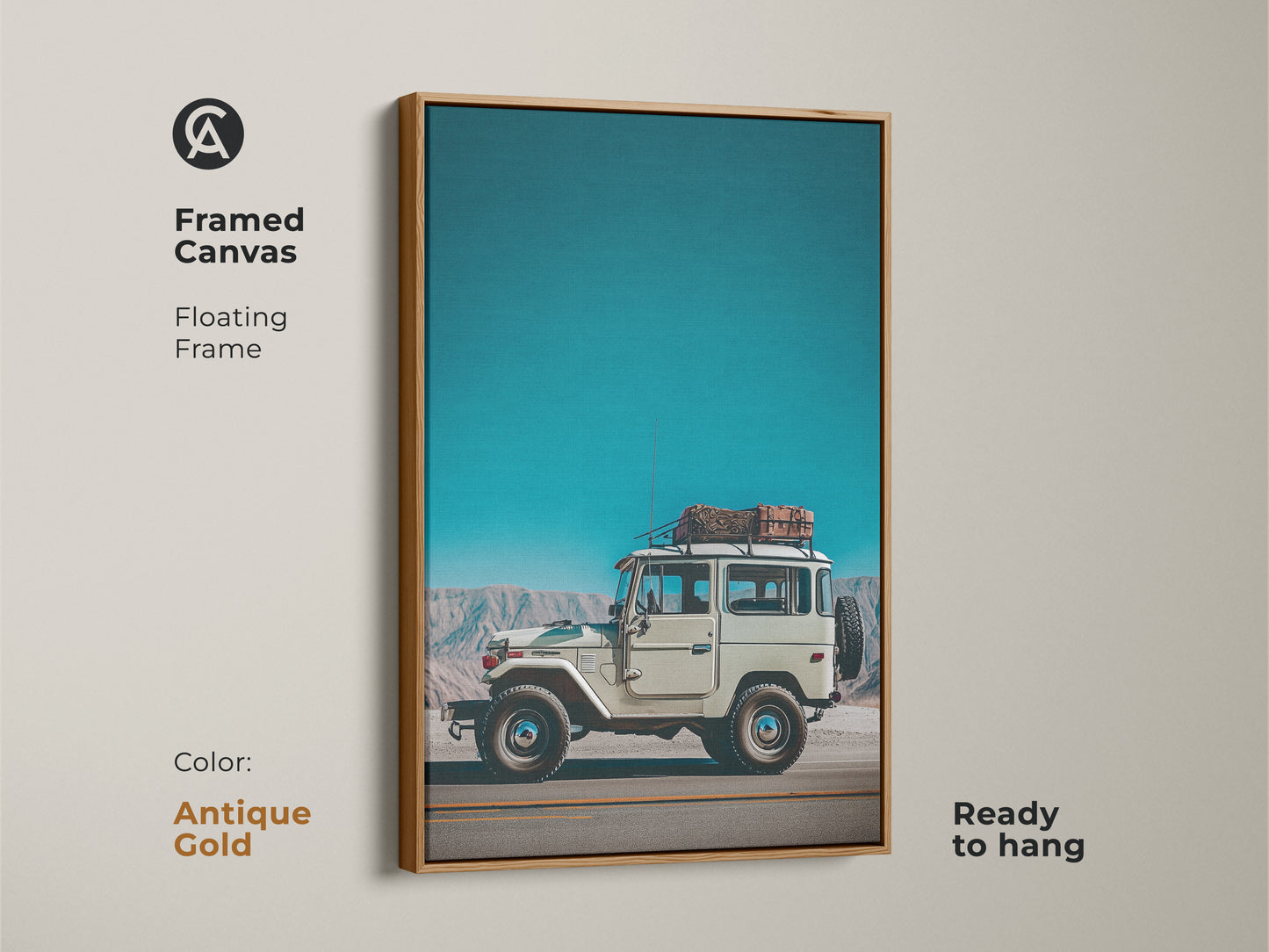 Framed canvas featuring a vintage SUV with an antique gold floating frame. This retro mountain landscape artwork is ready to hang. The teal sky blue adventure photography suits an industrial loft.