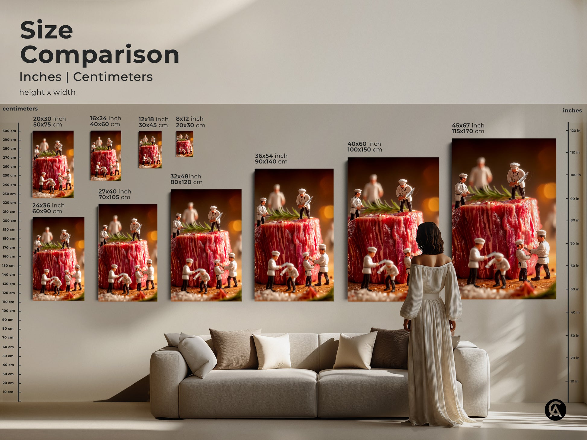 Size comparison of artwork in inches and centimeters. See the artwork displayed in various sizes from 20x30 cm to 45x67 inch. Visualize the impact of different sizes in your living room or kitchen space. Find the perfect size for your home.