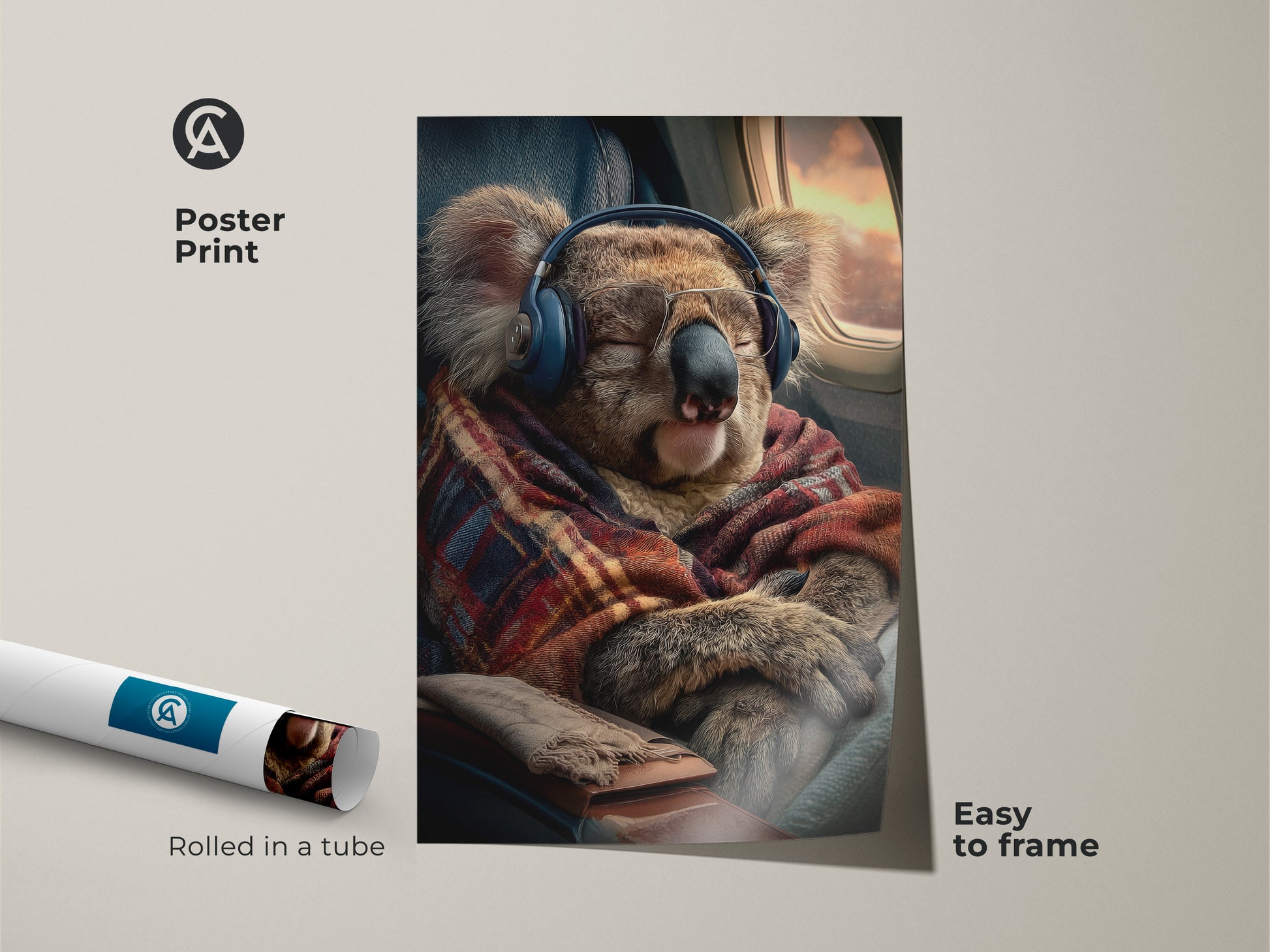 This poster print showcases a cute koala on an airplane. It is rolled in a tube for easy framing. Ideal wall art for animal lovers and frequent flyers it adds a touch of humor. Enjoy this cozy animal decor a unique gift for any travel-themed room today