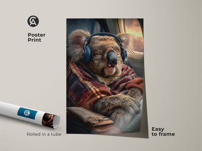 This poster print showcases a cute koala on an airplane. It is rolled in a tube for easy framing. Ideal wall art for animal lovers and frequent flyers it adds a touch of humor. Enjoy this cozy animal decor a unique gift for any travel-themed room today