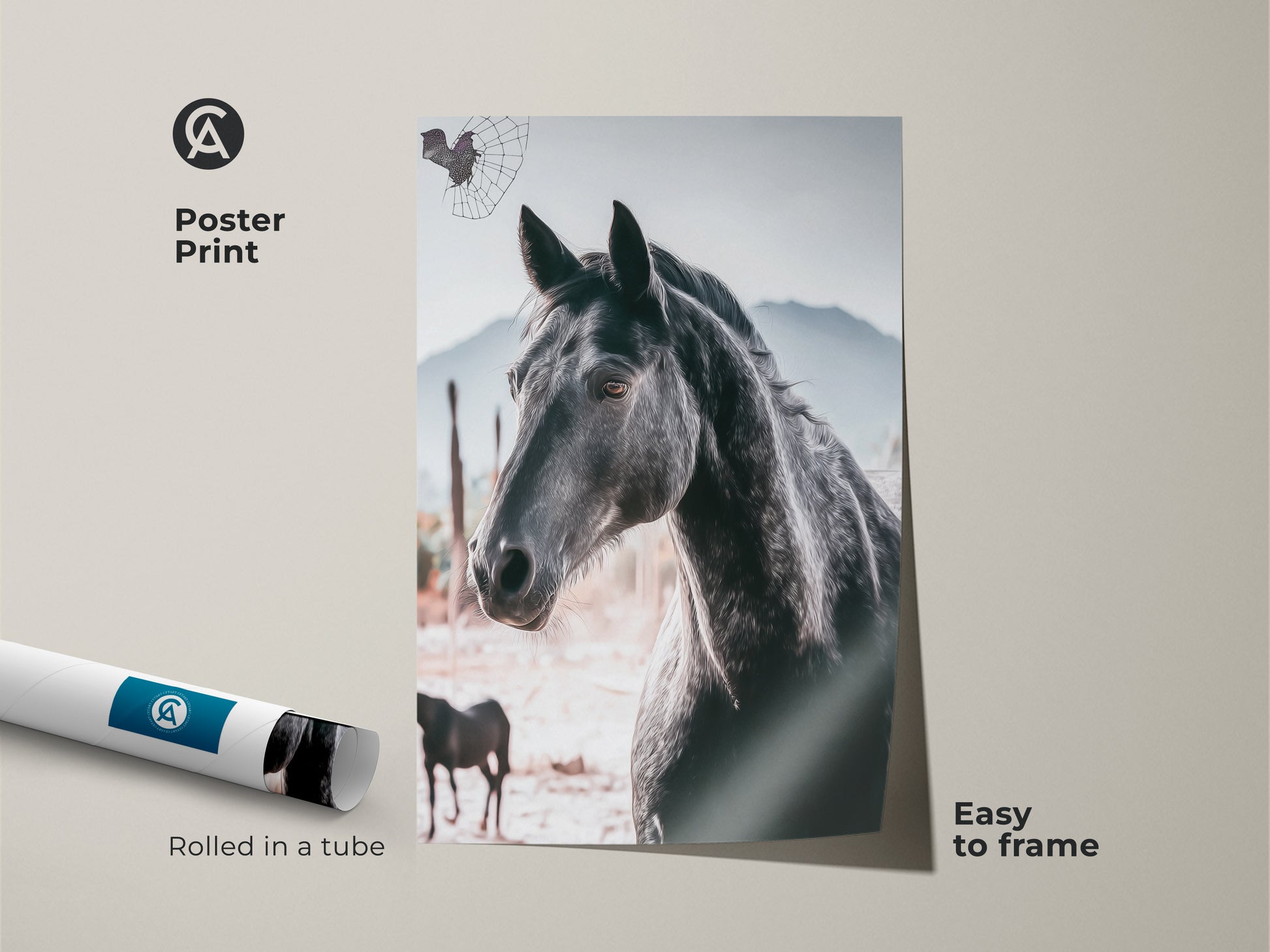 Rustic black horse poster print. This wildlife animal art is easy to frame and showcases a photorealistic horse portrait. The mountain backdrop adds rustic charm. It's perfect for equestrian decor and bringing a touch of nature to your home.