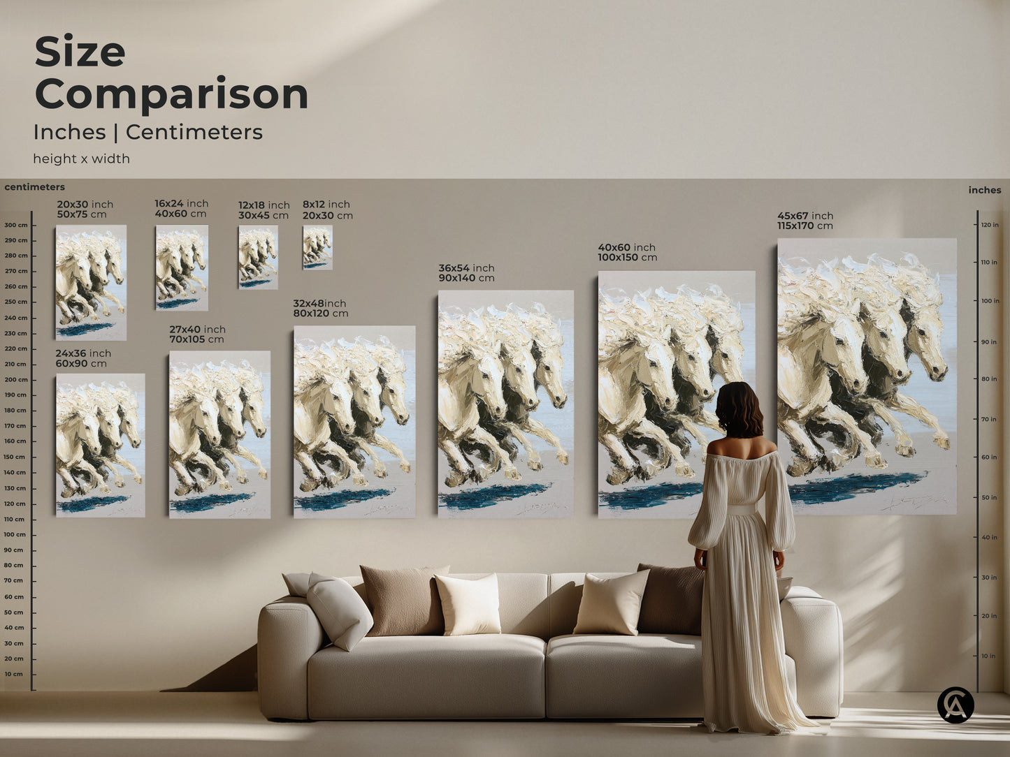 Size comparison of impressionistic horse canvas prints in inches and centimeters displayed above a sofa. Various sizes from 8x12 inch to 45x67 inch offer versatile options for any room. Add modern animal wall decor to your living room with this elegant horse painting. The neutral tone wall art complements any interior.