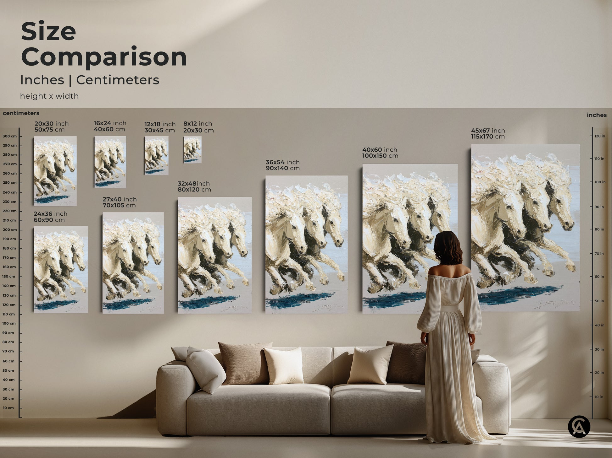 Size comparison of impressionistic horse canvas prints in inches and centimeters displayed above a sofa. Various sizes from 8x12 inch to 45x67 inch offer versatile options for any room. Add modern animal wall decor to your living room with this elegant horse painting. The neutral tone wall art complements any interior.