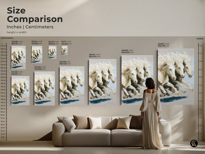 Size comparison of impressionistic horse canvas prints in inches and centimeters displayed above a sofa. Various sizes from 8x12 inch to 45x67 inch offer versatile options for any room. Add modern animal wall decor to your living room with this elegant horse painting. The neutral tone wall art complements any interior.