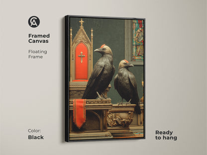 This is framed canvas art featuring Gothic Crow artwork in a black floating frame. Religious symbolism art is ready to hang. Dark academia art print brings vintage religious charm to your space adding black color to your wall.