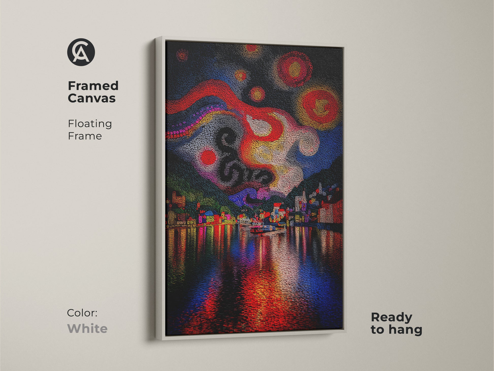 Framed Canvas with a floating frame in white ready to hang. This abstract cityscape art features an impressionistic night sky. It is a colorful village art print in red yellow and blue.