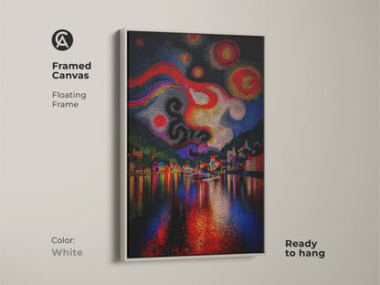 Framed Canvas with a floating frame in white ready to hang. This abstract cityscape art features an impressionistic night sky. It is a colorful village art print in red yellow and blue.