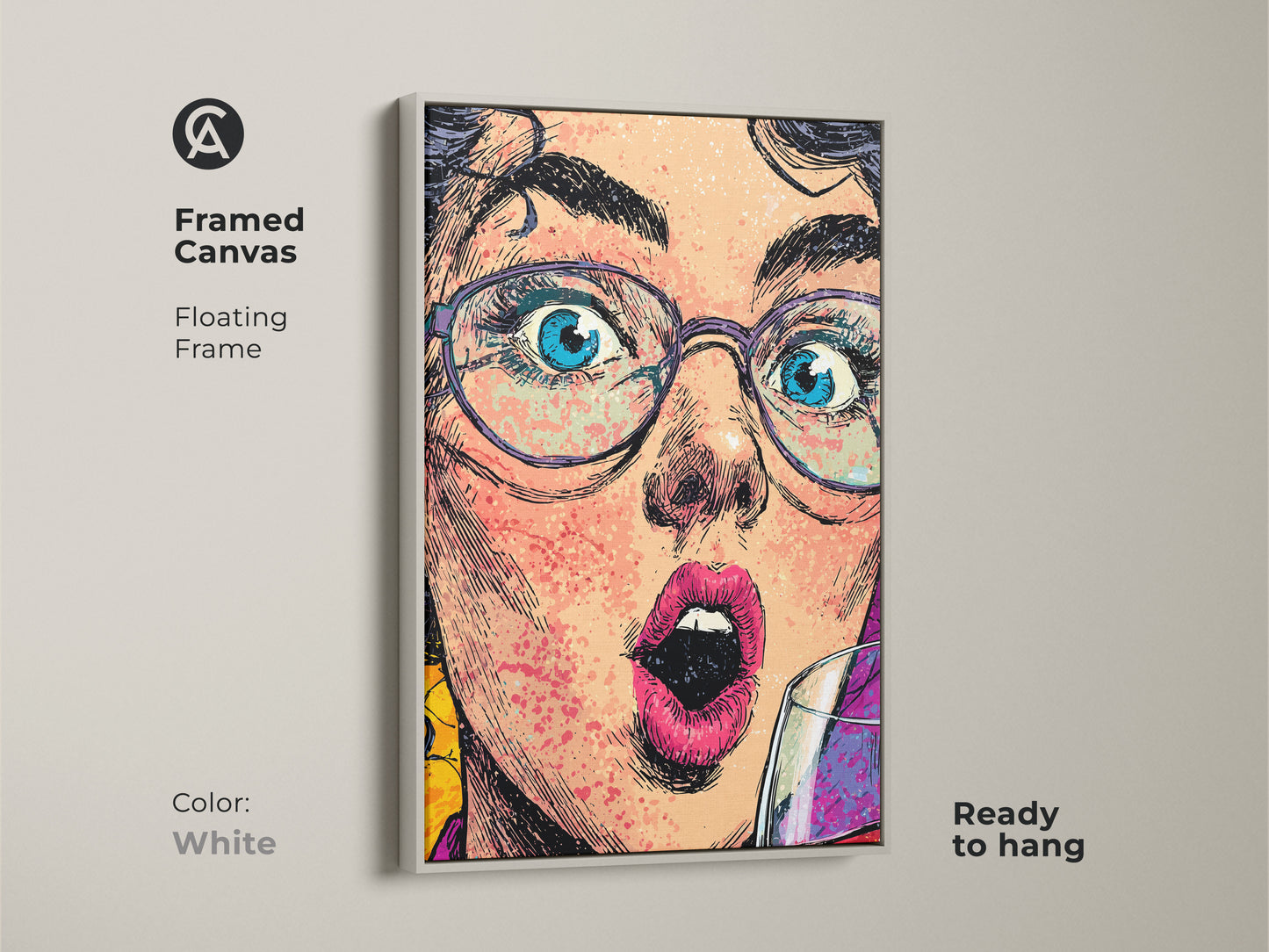 A framed canvas of a pop artwork woman with a floating white frame. The art piece is ready to hang. It adds a modern touch to any room decor. The artwork features a wine glass. It's a unique and expressive portrait canvas for office or home.