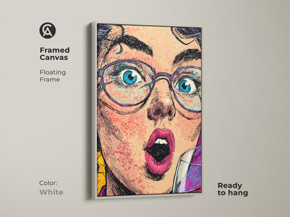A framed canvas of a pop artwork woman with a floating white frame. The art piece is ready to hang. It adds a modern touch to any room decor. The artwork features a wine glass. It's a unique and expressive portrait canvas for office or home.
