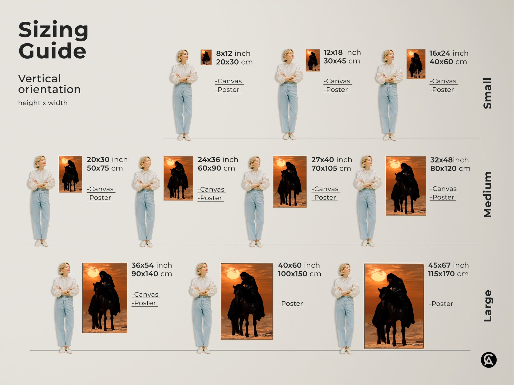 Find the perfect size with our sizing guide for vertical orientation. The canvas and poster options are available in small medium and large sizes. It features a Desert Rider on an Arabian Horse against a warm desert sunset. Shop now.