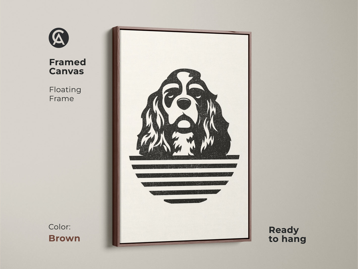 Framed canvas with a brown floating frame. The minimalist Cavalier King Charles Spaniel art is a stylish choice. Ready to hang black and white dog print is ideal for home decor. It's a modern pet portrait.