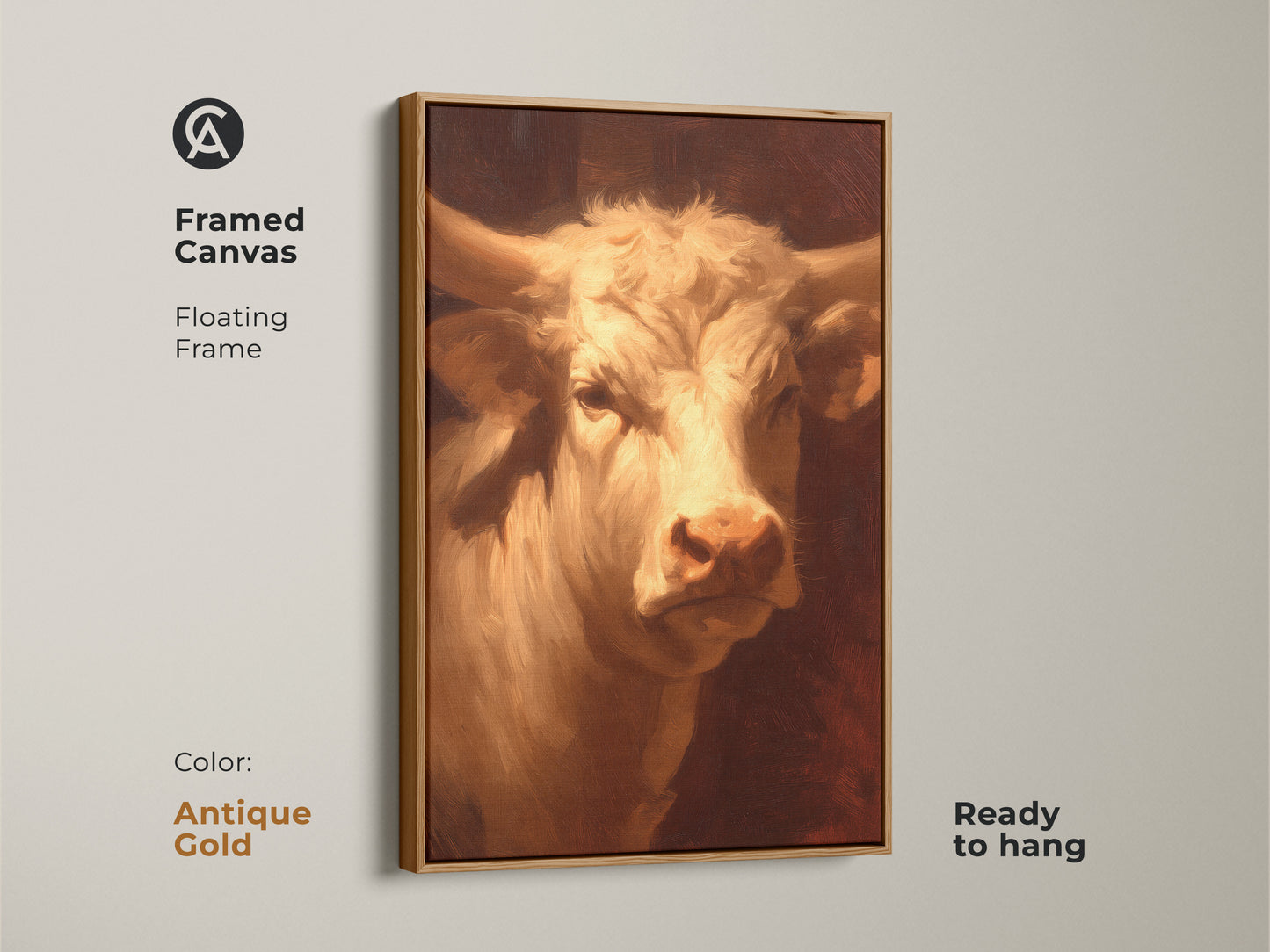 A framed canvas featuring a stunning bull. The artwork has a floating antique gold frame and is ready to hang. The canvas will elevate your home decor. This unique artwork is perfect for any room. Buy today!