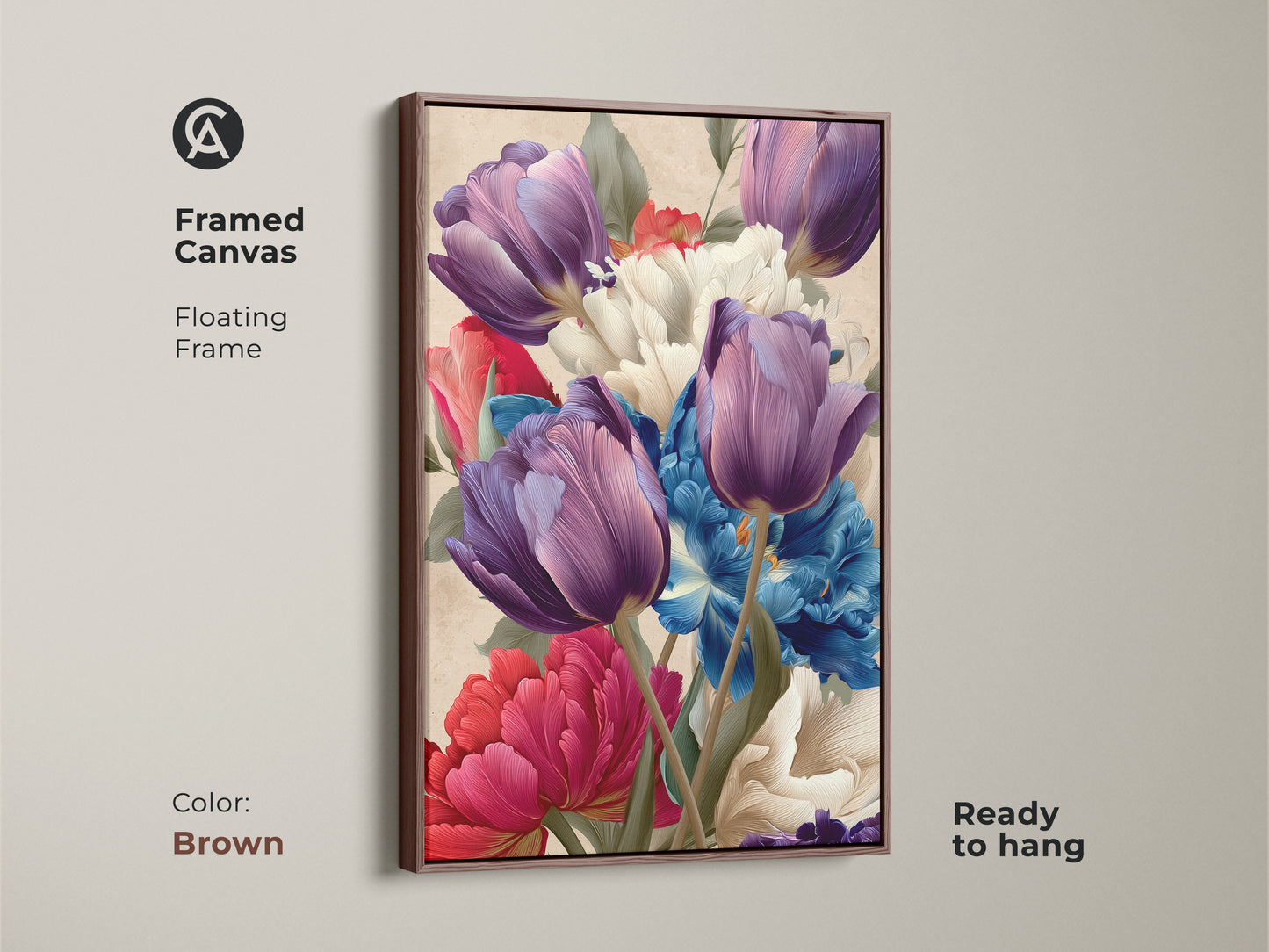 Framed canvas with a floating brown frame displaying purple tulips and blue peonies. Enhance your home with this botanical artwork a unique housewarming gift. The spring floral wall art adds an artistic touch with its elegant and colorful flower poster.