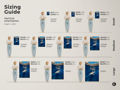 Visualize the size of this underwater Great White Shark art with our vertical orientation sizing guide. Available as canvas or poster in sizes from small to large. Find the perfect fit for your space and bring the deep blue marine life into your home.