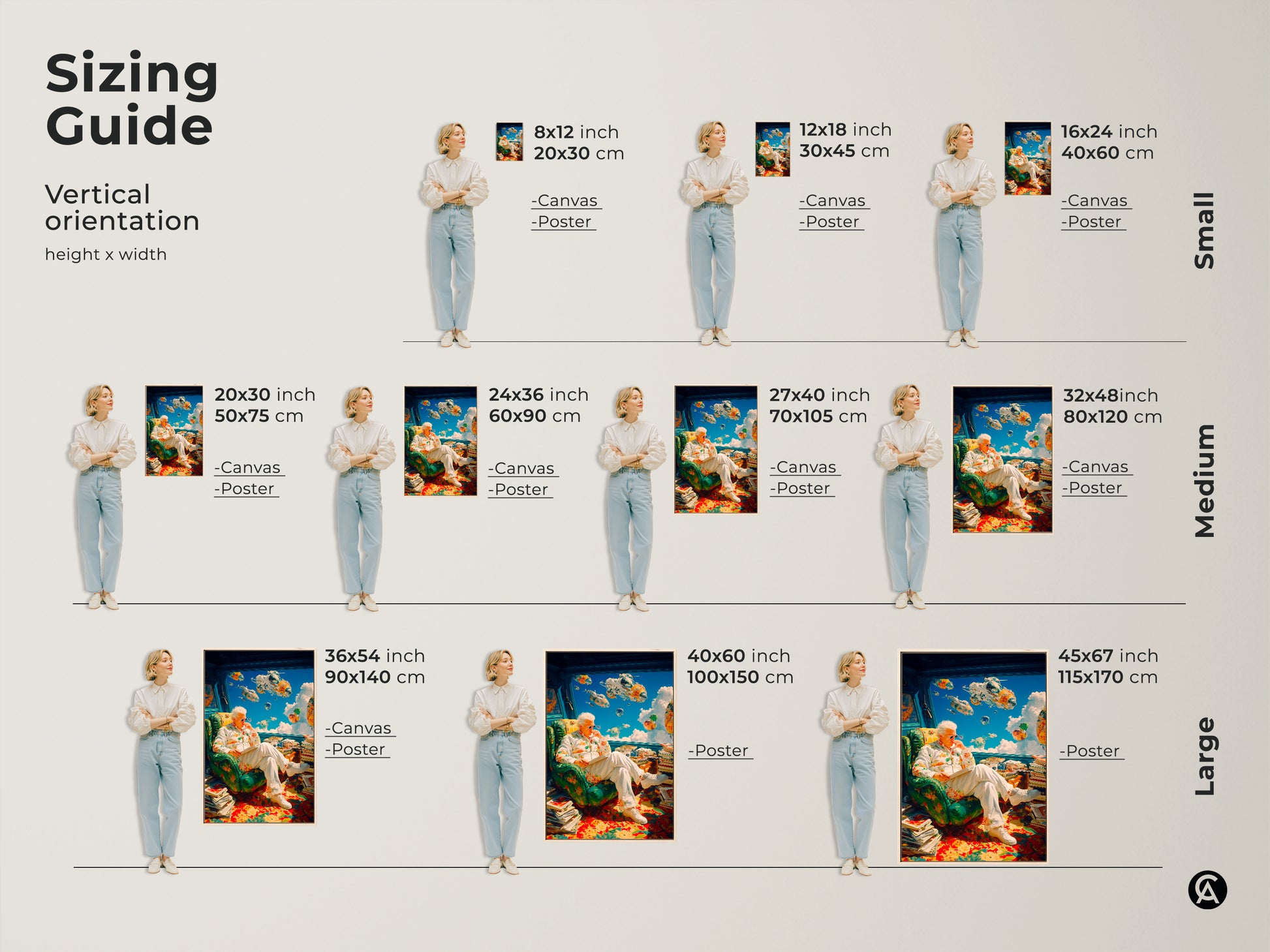 Sizing guide for the artwork in vertical orientation. Available in canvas and poster formats. Sizes range from small to large. Find the perfect fit for your space. Transform your home with this unique art piece. Shop now.