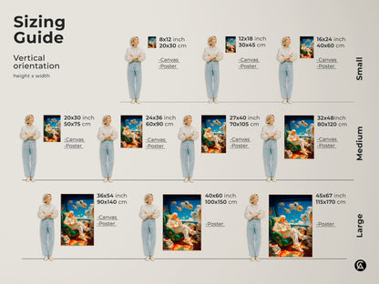 Sizing guide for the artwork in vertical orientation. Available in canvas and poster formats. Sizes range from small to large. Find the perfect fit for your space. Transform your home with this unique art piece. Shop now.