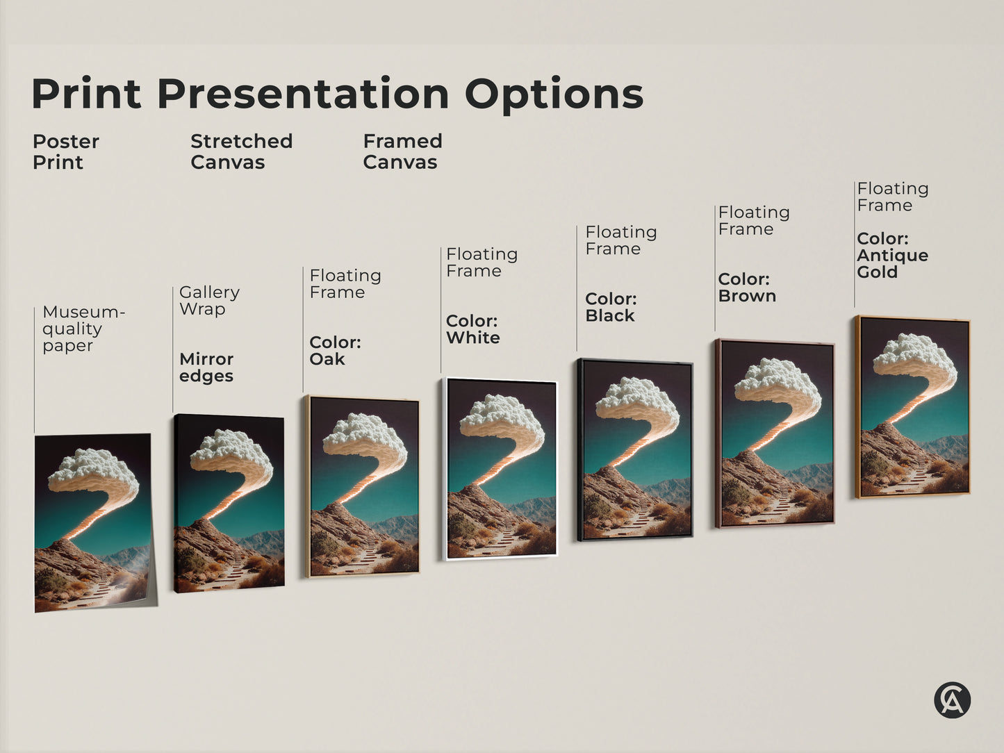 Explore print presentation options for surreal stairway and cloud artwork. Discover poster prints stretched canvas and framed canvas styles. Choose museum-quality paper or gallery-wrapped art. Select the perfect style.