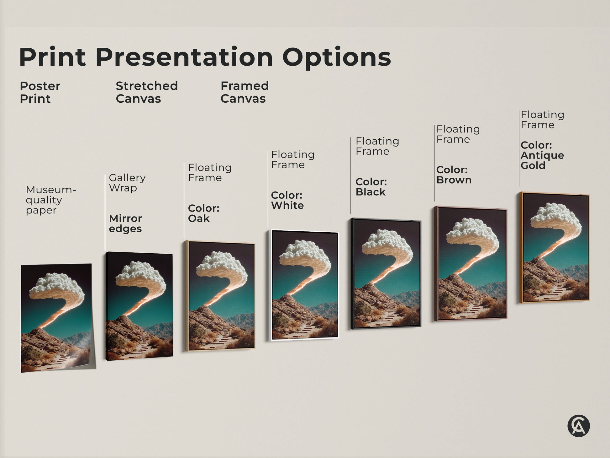 Explore print presentation options for surreal stairway and cloud artwork. Discover poster prints stretched canvas and framed canvas styles. Choose museum-quality paper or gallery-wrapped art. Select the perfect style.