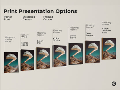 Explore print presentation options for surreal stairway and cloud artwork. Discover poster prints stretched canvas and framed canvas styles. Choose museum-quality paper or gallery-wrapped art. Select the perfect style.