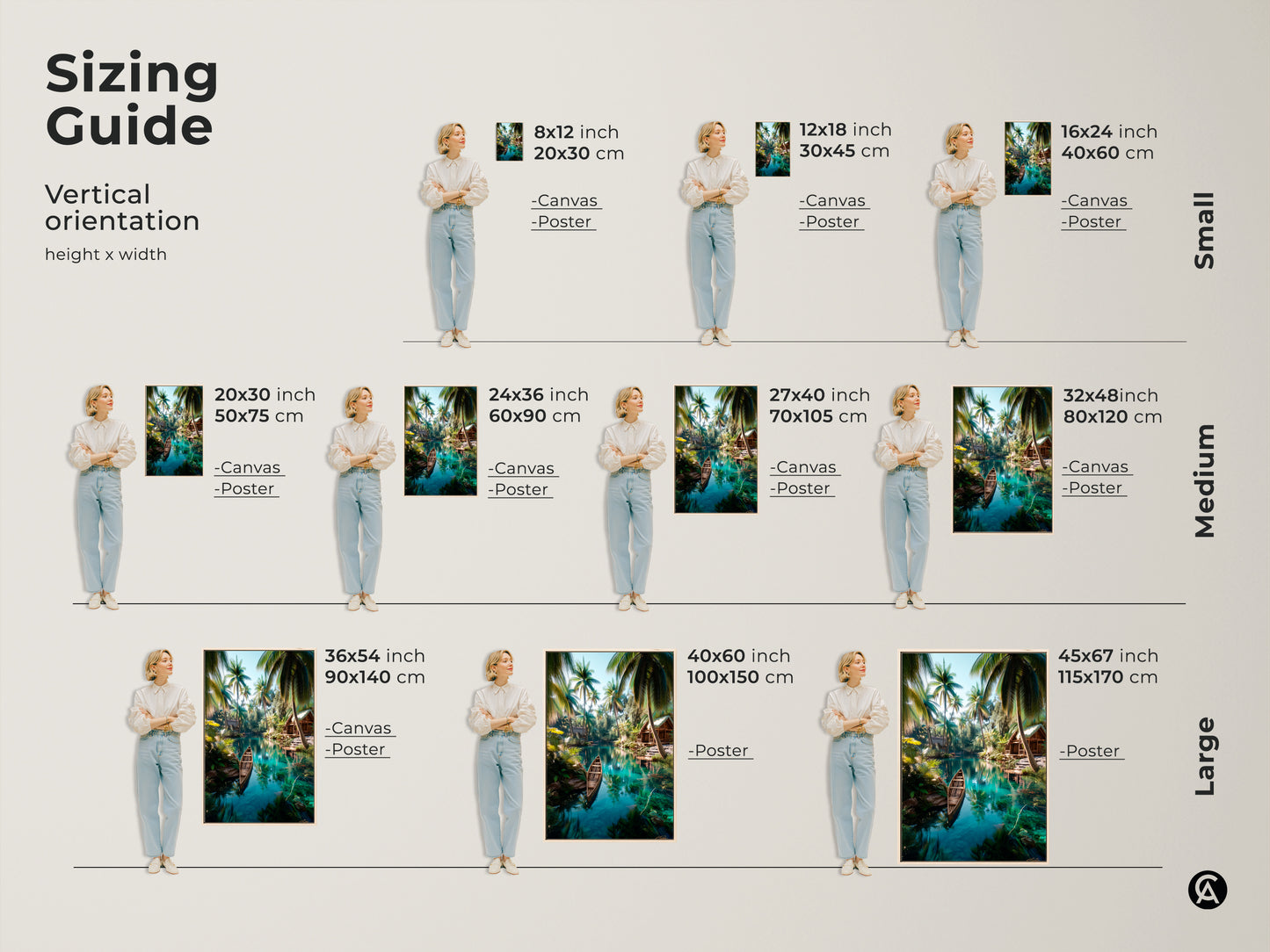 Sizing guide for tropical island art prints. Vertical orientation options are available. Find the perfect size for your space. Options from small to large sizes. Transform your walls with stunning art.