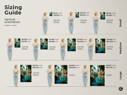 Sizing guide for tropical island art prints. Vertical orientation options are available. Find the perfect size for your space. Options from small to large sizes. Transform your walls with stunning art.