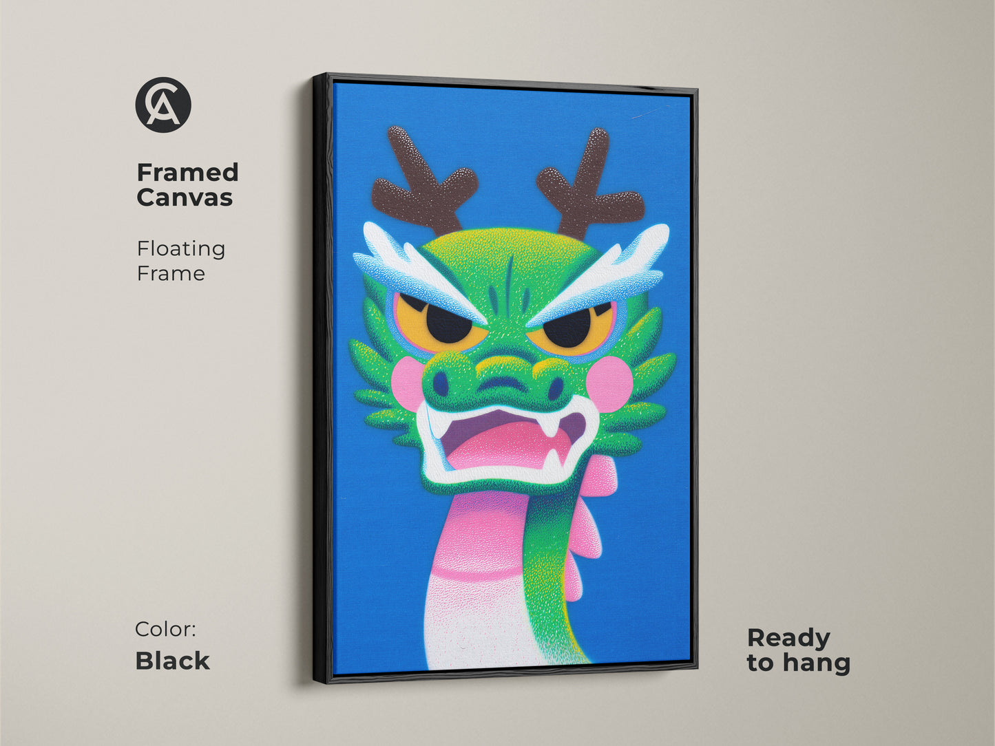 Framed canvas features a friendly Cartoon Dragon. Floating frame in black showcases green blue and pink mythical creature art. This kids room art is ready to hang.