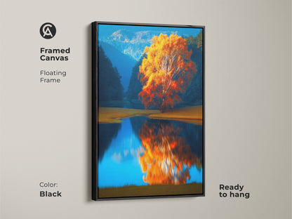Google Drive image unavailable. This file cannot be scanned for viruses. This image is an Autumn Tree by Lake. It is an impressionistic landscape art piece. It is an orange yellow blue nature artwork. It is boho bedroom decor.