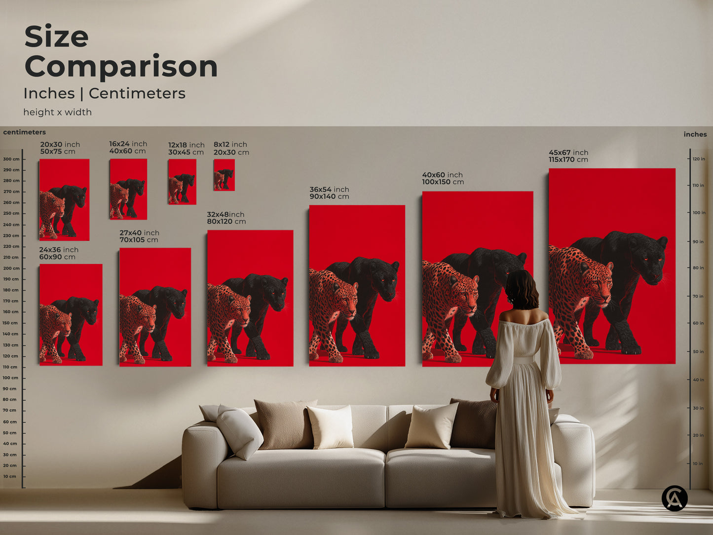 Compare sizes of this striking leopard and black panther artwork. See how different dimensions enhance various spaces. From a cozy living room to a grand gallery find the ideal fit. This art transforms any environment.