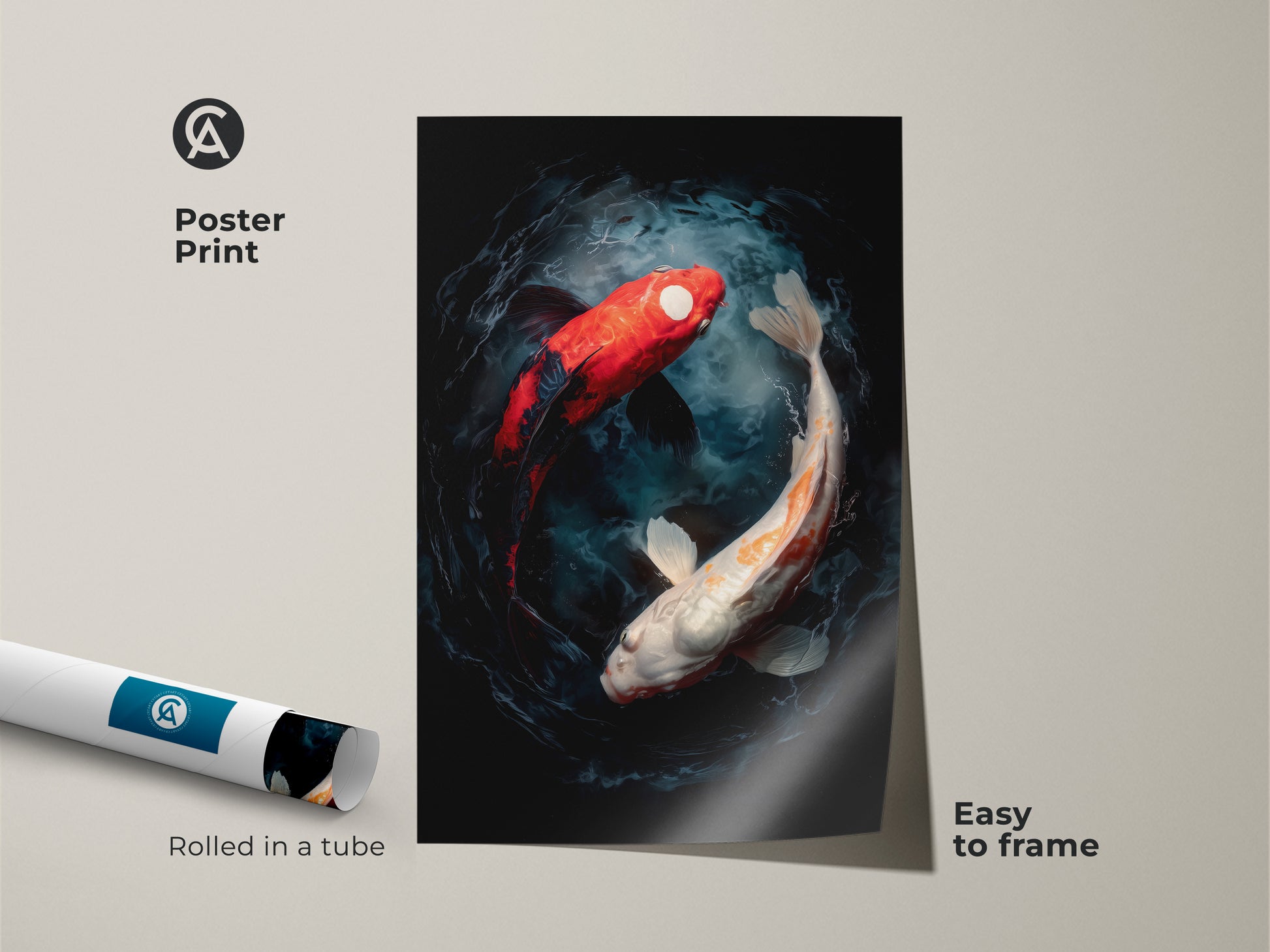 A poster print of two koi fish swimming in a yin and yang formation. The colors are vibrant and the art is modern. This museum-quality paper poster art is easy to frame and hang.
