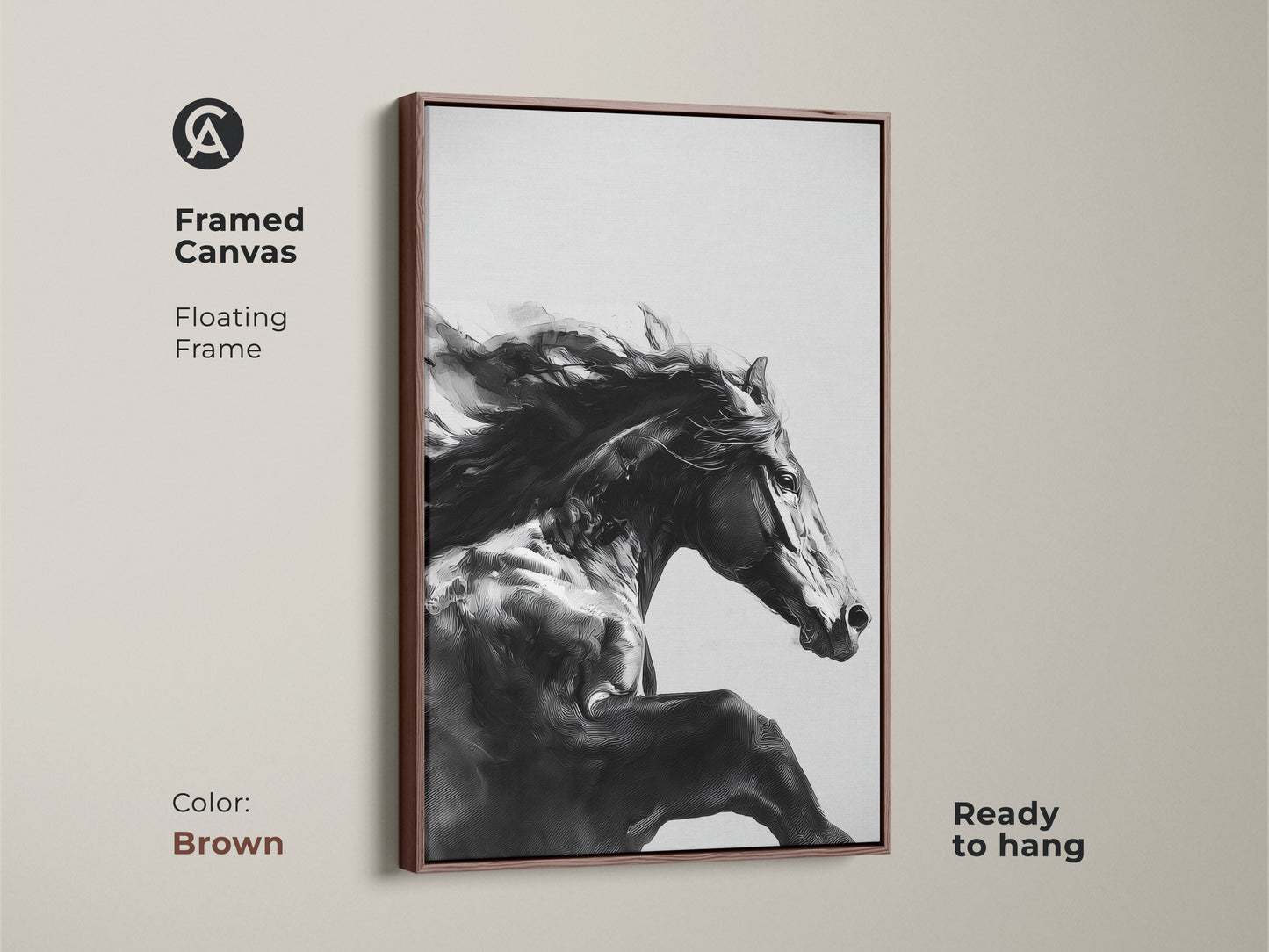 A framed black and white equine art print with a brown floating frame. This contemporary animal canvas is ready to hang. The galloping horse canvas print is perfect for equestrian home decor. It adds a touch of rustic horse decor to any space. A great gift for horse lovers.