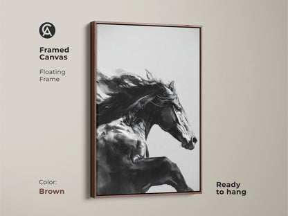 A framed black and white equine art print with a brown floating frame. This contemporary animal canvas is ready to hang. The galloping horse canvas print is perfect for equestrian home decor. It adds a touch of rustic horse decor to any space. A great gift for horse lovers.