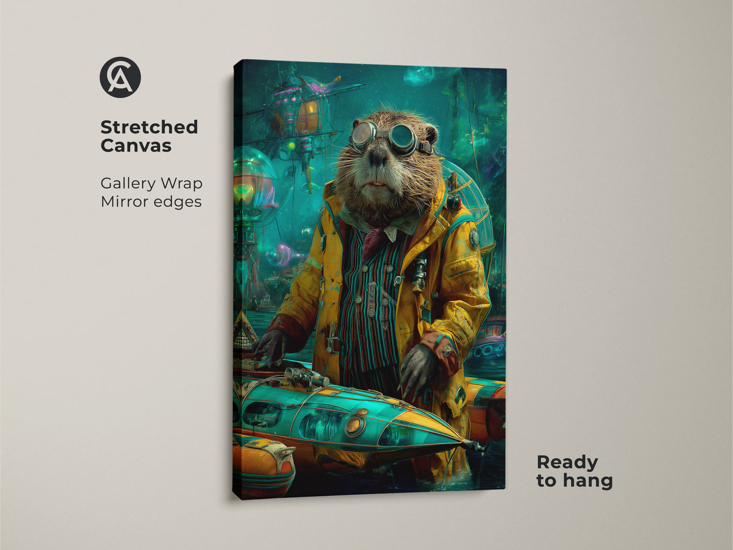 This stretched canvas showcases a steampunk otter piloting a submarine. The gallery wrap with mirror edges enhances the teal yellow artwork. Ready to hang this eclectic wall decor brings a touch of adventure. Perfect as a gift for him.