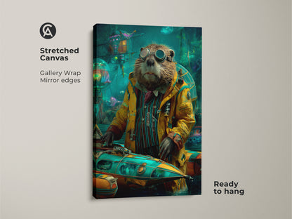 This stretched canvas showcases a steampunk otter piloting a submarine. The gallery wrap with mirror edges enhances the teal yellow artwork. Ready to hang this eclectic wall decor brings a touch of adventure. Perfect as a gift for him.