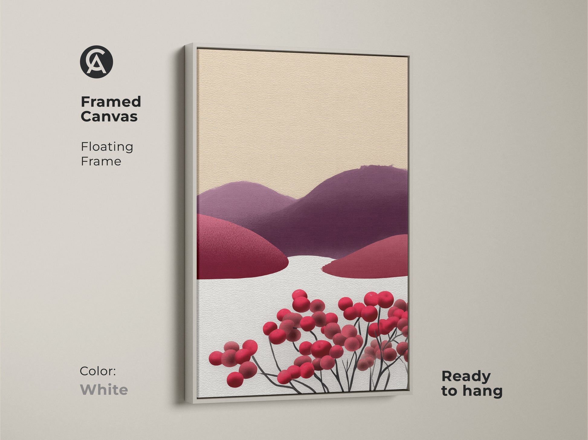 White framed canvas showcasing an abstract berry hills landscape. This minimalist folk art print features red purple and beige tones. A contemporary wall hanging. Ready to enhance your home.