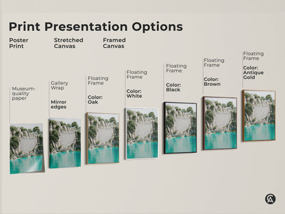 Print presentation options for a surreal cliff landscape artwork. Available as a poster print stretched canvas or framed canvas. Various frame colors available including white black brown and antique gold. Eclectic home decor for nature and travel enthusiasts.
