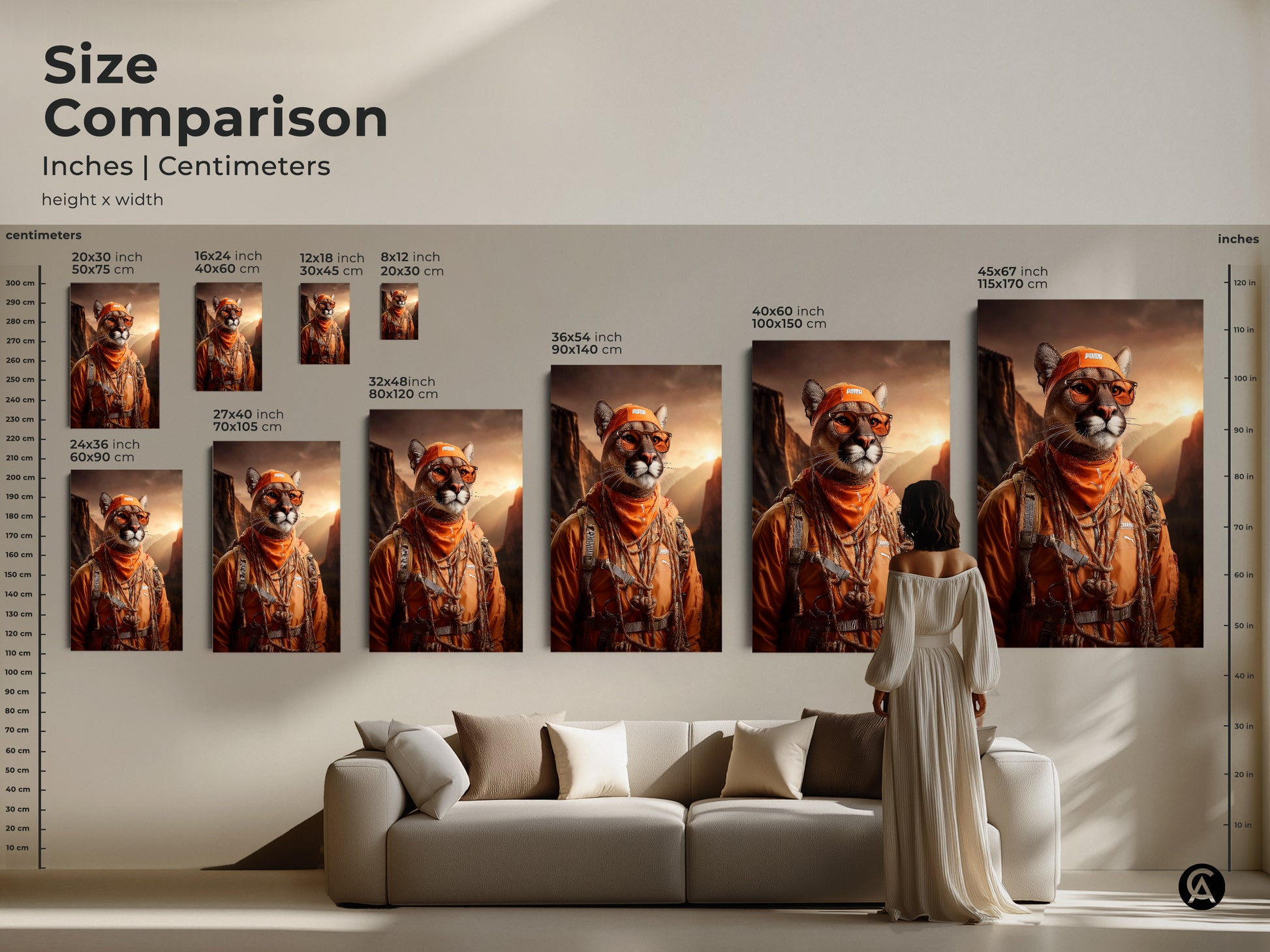 A size comparison showcasing the Amber Mountain Cougar Art Print hung above a couch next to a model in different sizes. Find the right size canvas art for your living room or office. This mountain vista wall art will elevate your space with amber tones.