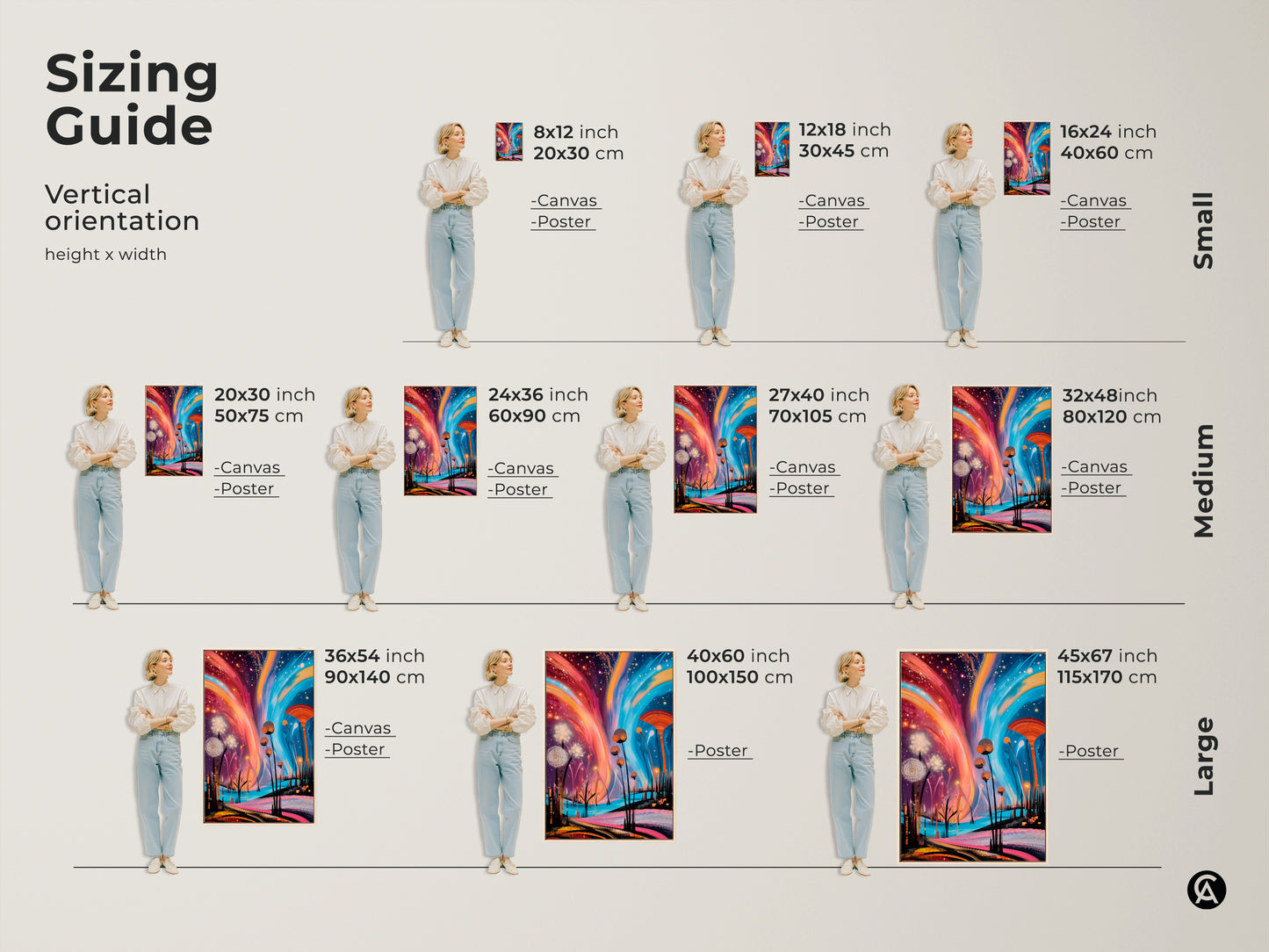 A sizing guide for the abstract dandelion artwork is shown. Vertical orientation art is displayed with models for scale. Available in small medium and large sizes. Select the perfect size to enhance your living room bedroom home office or gallery wall.
