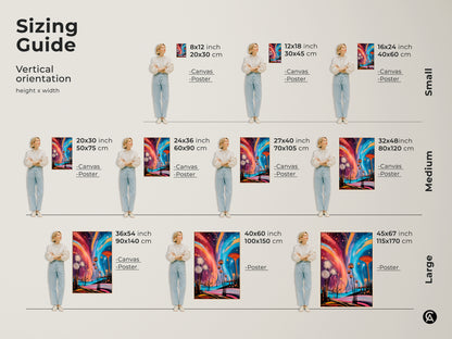A sizing guide for the abstract dandelion artwork is shown. Vertical orientation art is displayed with models for scale. Available in small medium and large sizes. Select the perfect size to enhance your living room bedroom home office or gallery wall.