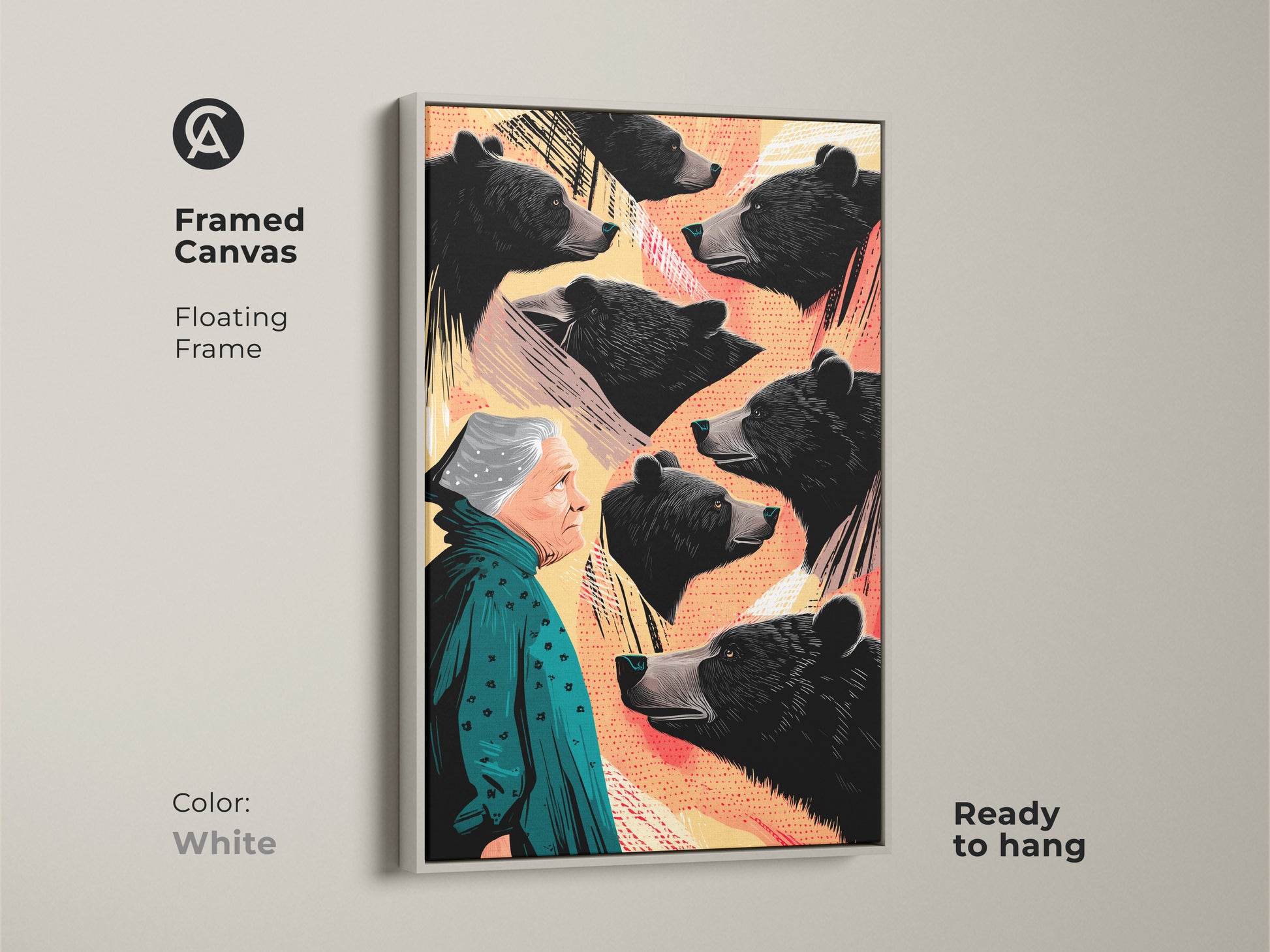 The framed canvas features a surreal woman and bear. The white floating frame offers museum quality animal wall decor. This ready to hang canvas features a graphic bear illustration. Perfect for art collectors.