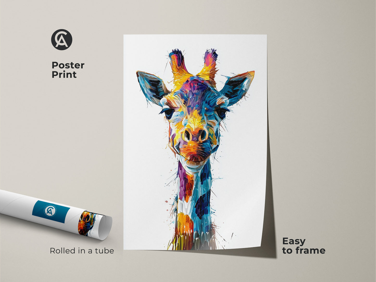 A rolled poster print of an abstract giraffe is easy to frame. This museum-quality paper art features a colorful splatter effect. The eclectic wildlife artwork is a unique animal lover gift. It adds a vibrant touch to any office or bedroom decor.