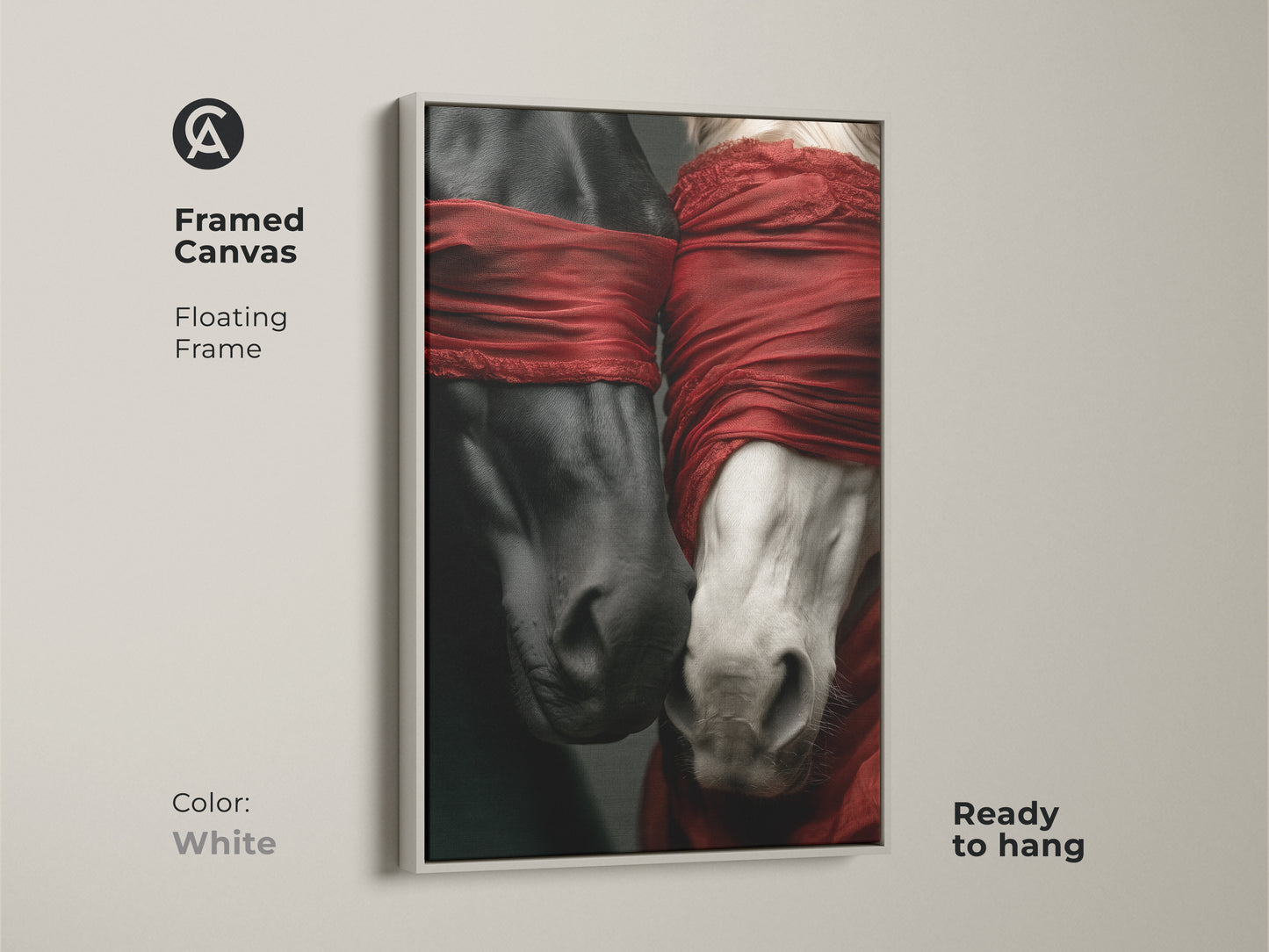 Framed canvas showcasing symbolic horse artwork. A floating white frame highlights the black and white horses and red fabric. This contemporary animal art is ready to hang. Its a perfect gift for equestrian.