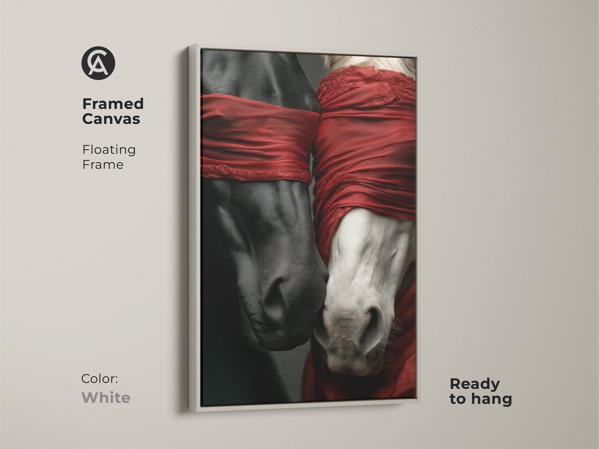 Framed canvas showcasing symbolic horse artwork. A floating white frame highlights the black and white horses and red fabric. This contemporary animal art is ready to hang. Its a perfect gift for equestrian.