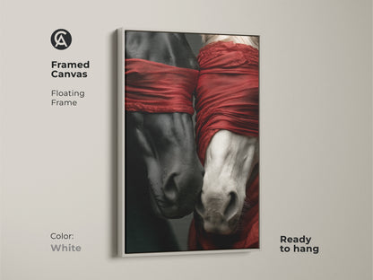 Framed canvas showcasing symbolic horse artwork. A floating white frame highlights the black and white horses and red fabric. This contemporary animal art is ready to hang. Its a perfect gift for equestrian.
