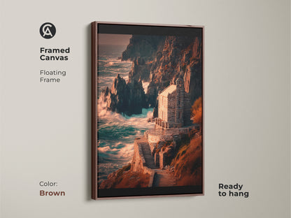 This framed canvas art displays a stone house on russet cliffs. It features a brown floating frame. The deep blue ocean wall art is ready to hang. Perfect maritime art for your home.