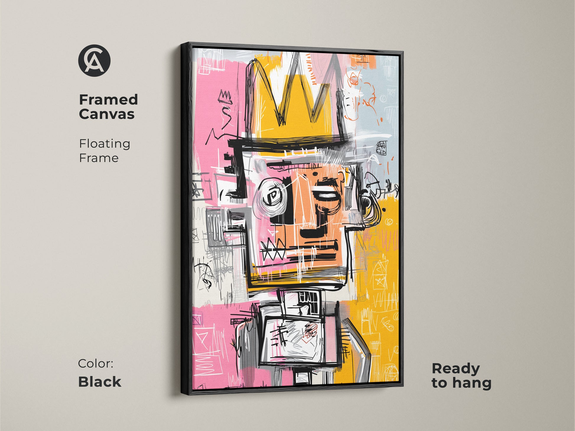 Framed Canvas of Graffiti-Style King Artwork in Black Frame. A striking figure with a crown is displayed in a floating black frame. Ready to hang this artwork adds a sophisticated touch to any room. Enhance your home decor with this modern art piece.