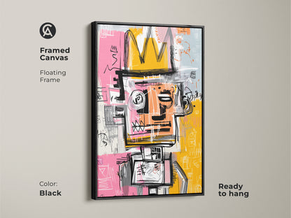 Framed Canvas of Graffiti-Style King Artwork in Black Frame. A striking figure with a crown is displayed in a floating black frame. Ready to hang this artwork adds a sophisticated touch to any room. Enhance your home decor with this modern art piece.