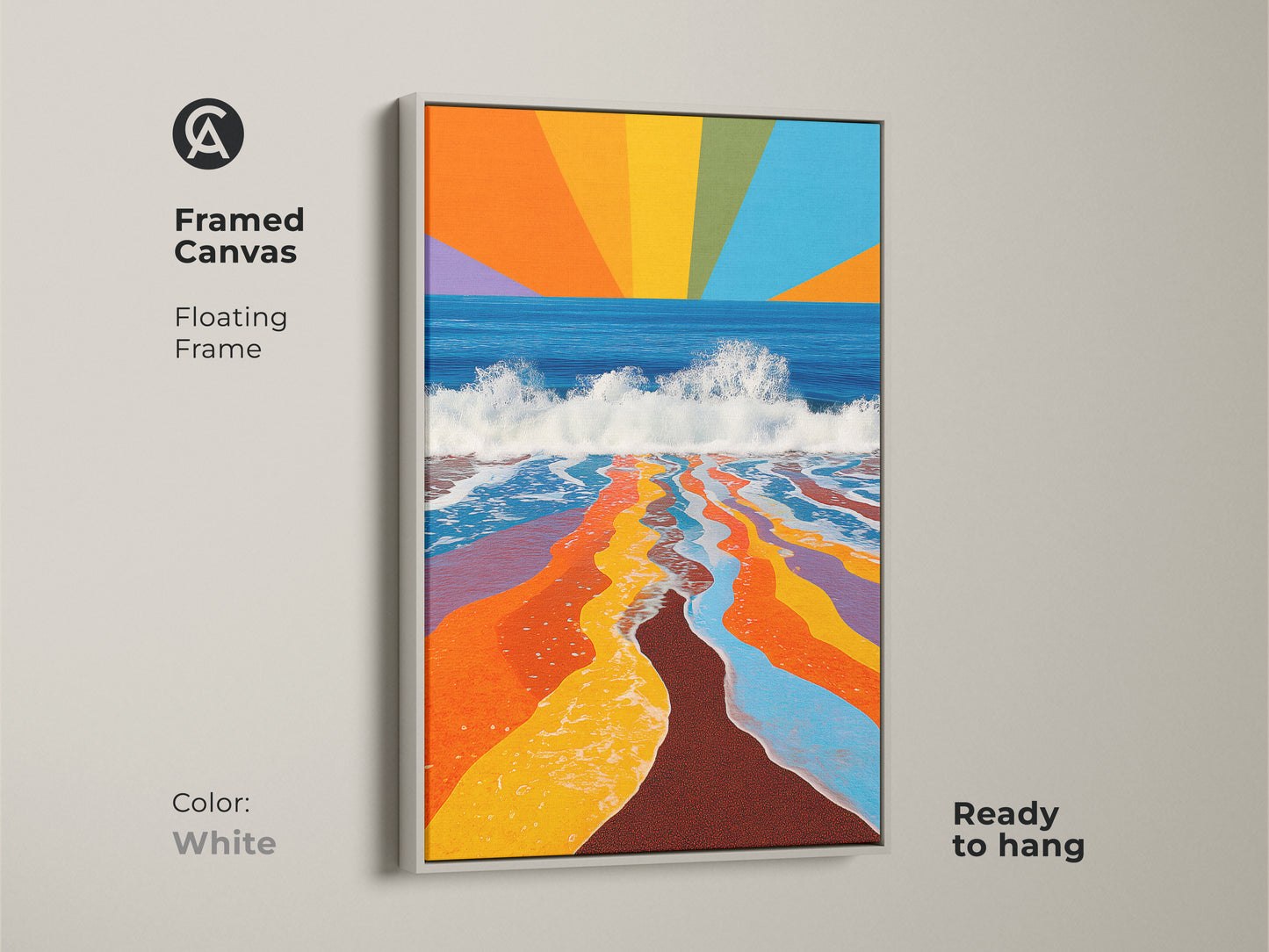 A white framed canvas shows abstract rainbow waves wall art. This geometric ocean artwork has modern style. The floating frame complements this vibrant beach landscape. Ready to hang.