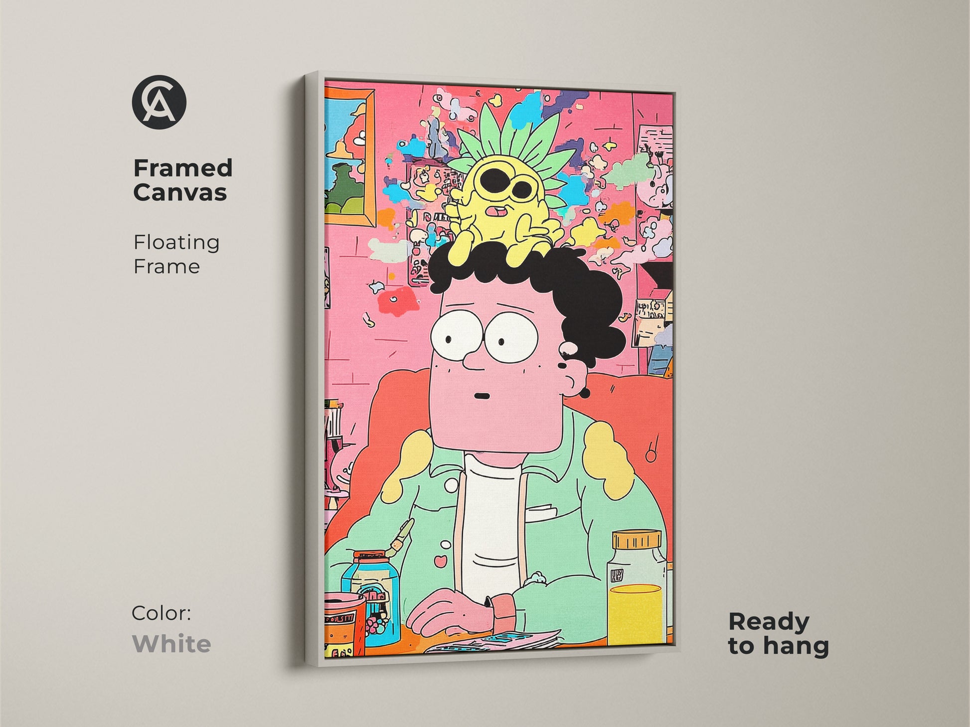 Framed canvas art in a white floating frame. The cartoon art shows a man with a pineapple on his head. This modern piece is ready to hang. It will brighten any room with its quirky style.