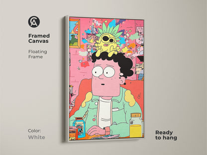 Framed canvas art in a white floating frame. The cartoon art shows a man with a pineapple on his head. This modern piece is ready to hang. It will brighten any room with its quirky style.