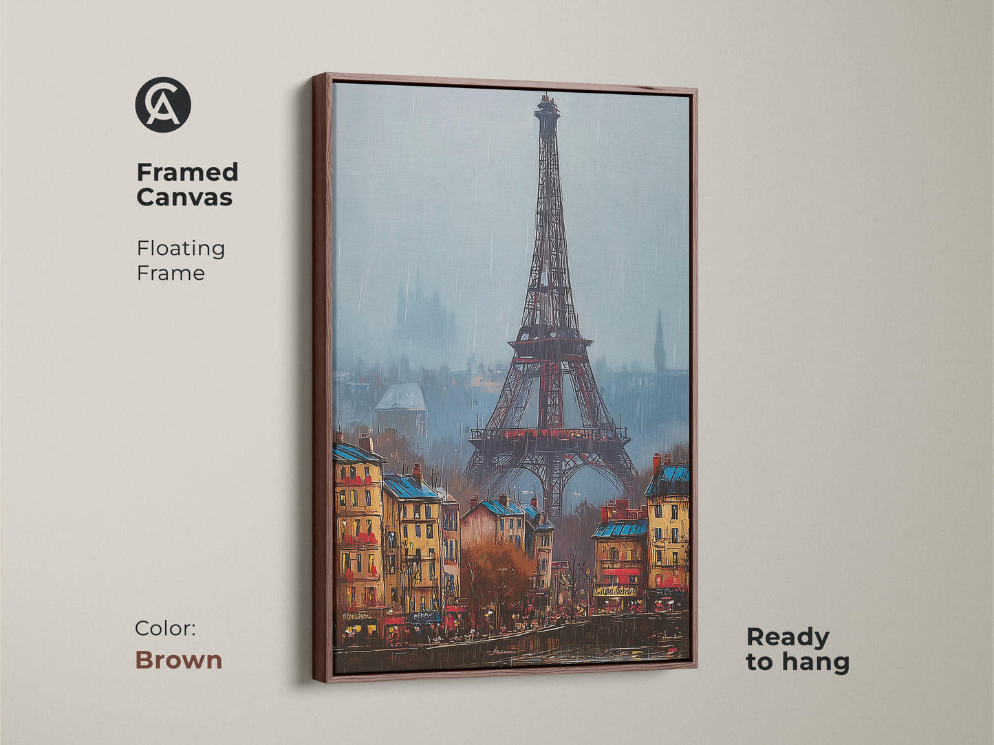 Eiffel Tower art in a brown floating frame. This framed canvas is ready to hang. Features a timeless Parisian view that elevates decor. Adds a touch of European sophistication to any wall.